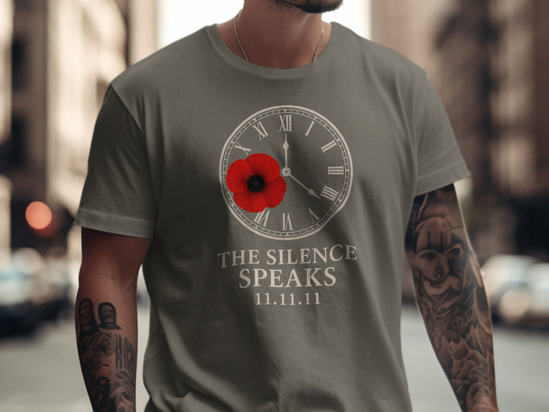remembrance day men’s t-shirt with poppy and clock — the silence speaks