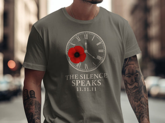 remembrance day men’s t-shirt with poppy and clock — the silence speaks