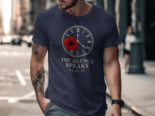 remembrance day men’s t-shirt with poppy and clock — the silence speaks