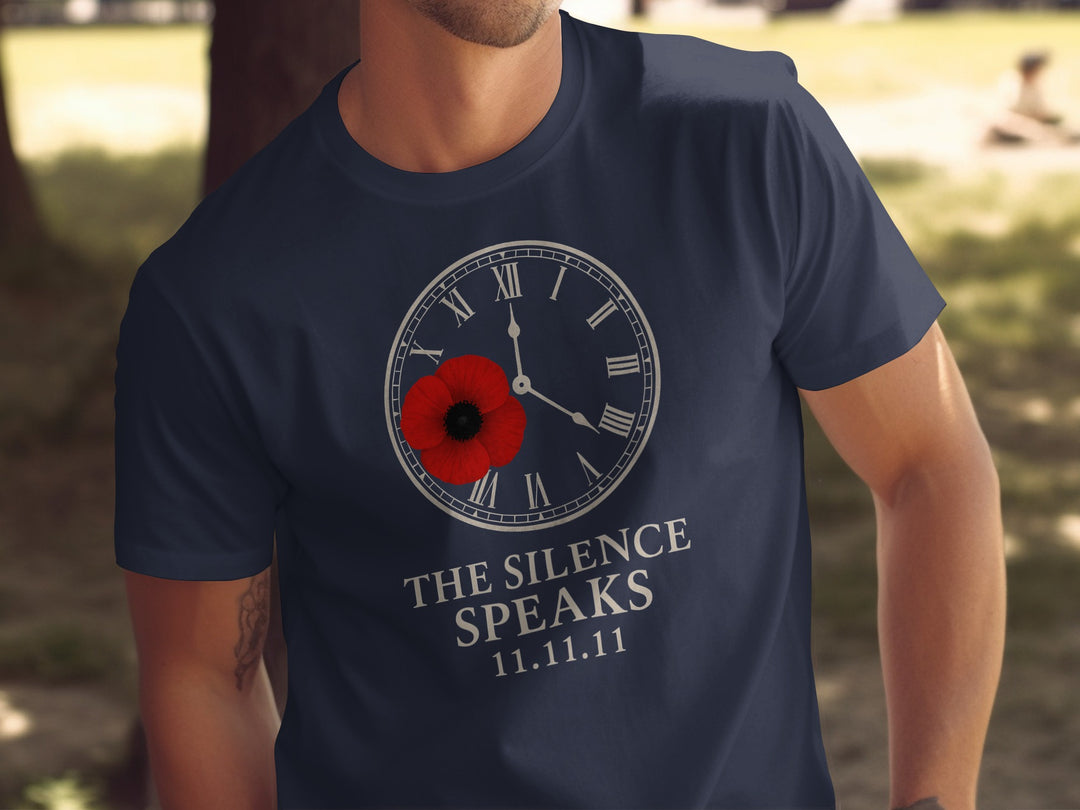 remembrance day men’s t-shirt with poppy and clock — the silence speaks