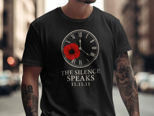 remembrance day men’s t-shirt with poppy and clock — the silence speaks