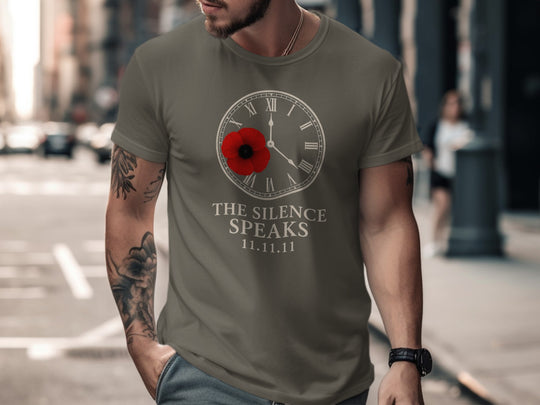 remembrance day men’s t-shirt with poppy and clock — the silence speaks