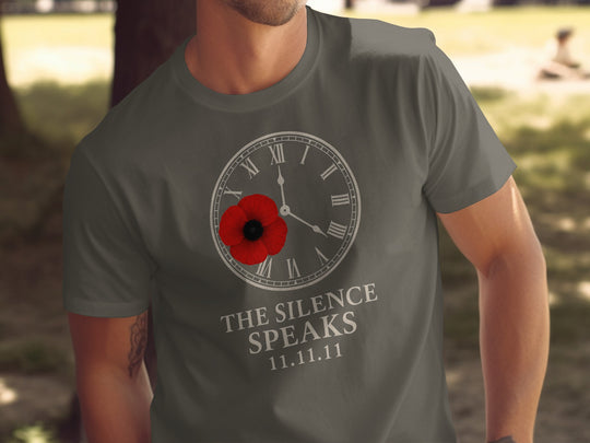 remembrance day men’s t-shirt with poppy and clock — the silence speaks