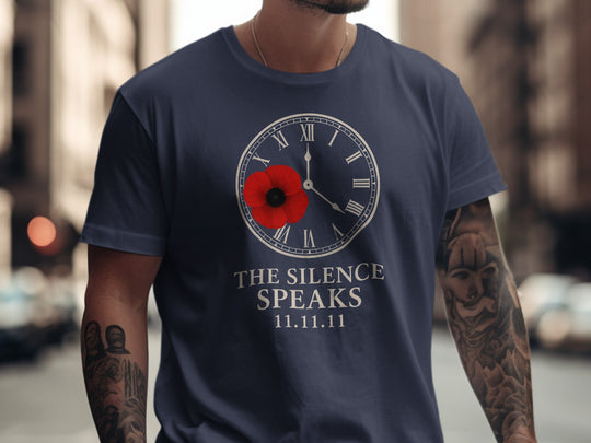remembrance day men’s t-shirt with poppy and clock — the silence speaks