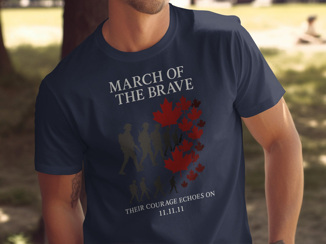 remembrance day men’s t-shirt with soldier silhouettes and maple leaves — march of the brave design
