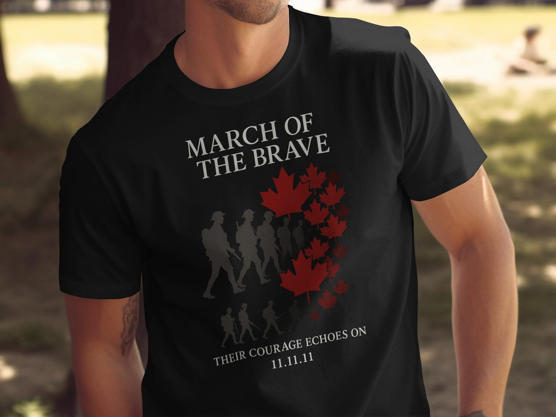remembrance day men’s t-shirt with soldier silhouettes and maple leaves — march of the brave design