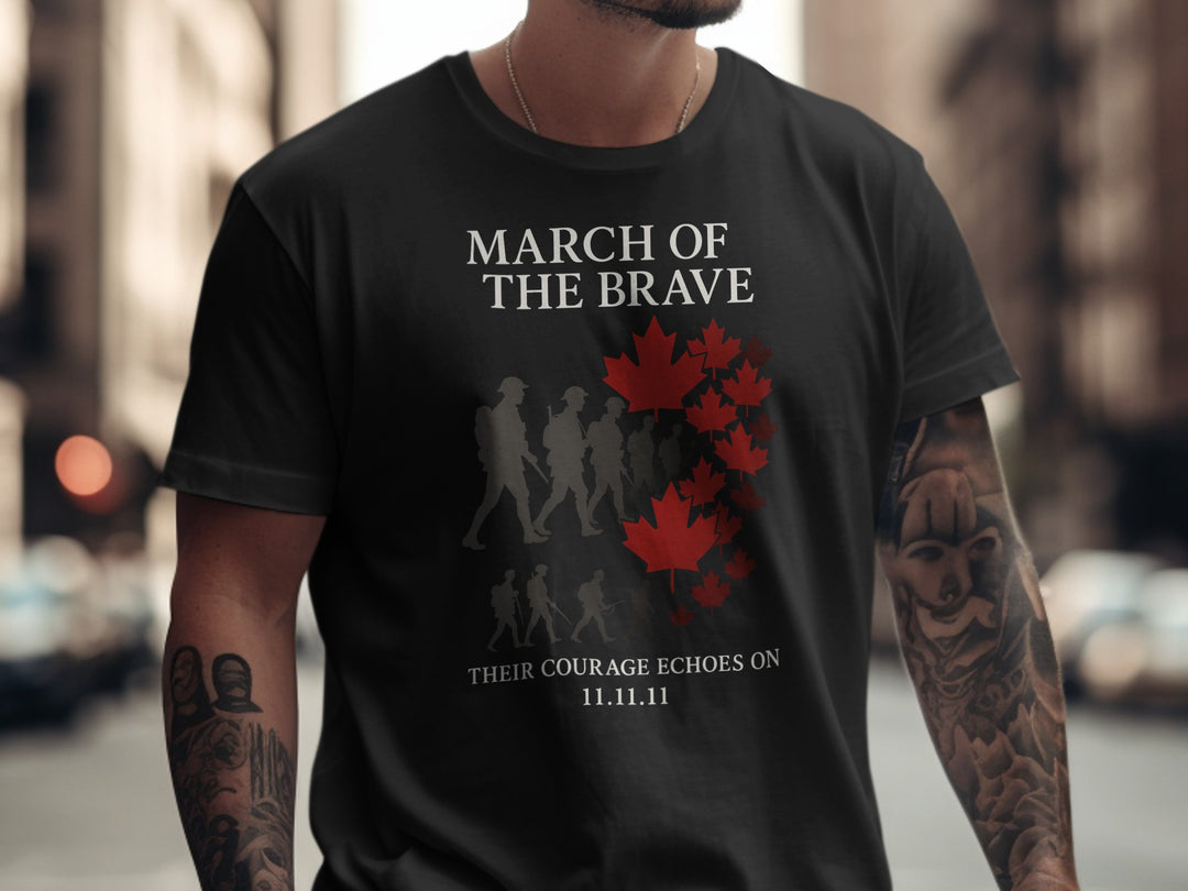remembrance day men’s t-shirt with soldier silhouettes and maple leaves — march of the brave design