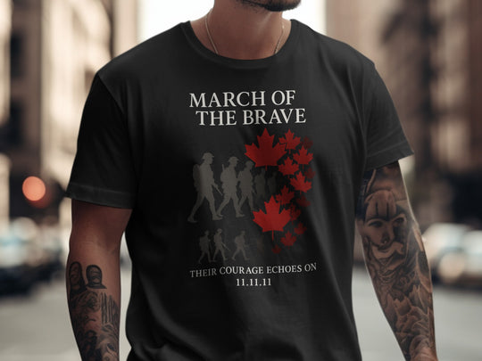 remembrance day men’s t-shirt with soldier silhouettes and maple leaves — march of the brave design