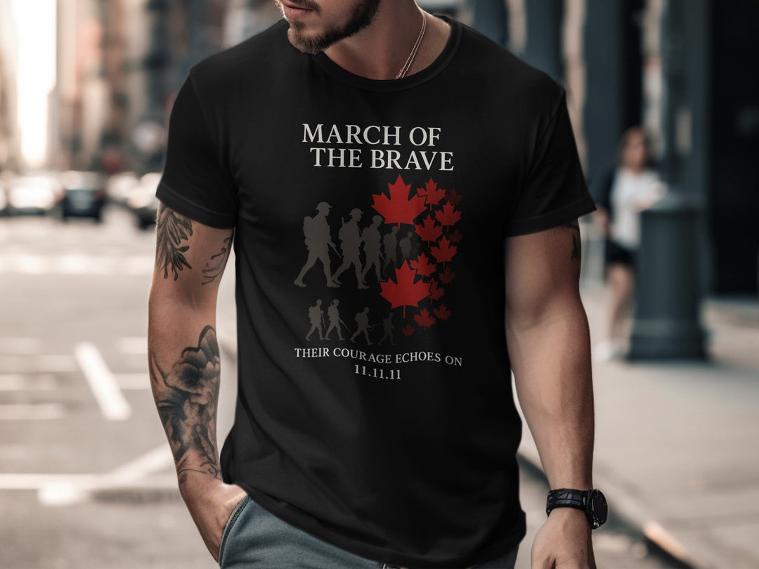 remembrance day men’s t-shirt with soldier silhouettes and maple leaves — march of the brave design