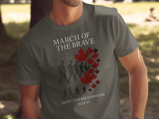 remembrance day men’s t-shirt with soldier silhouettes and maple leaves — march of the brave design