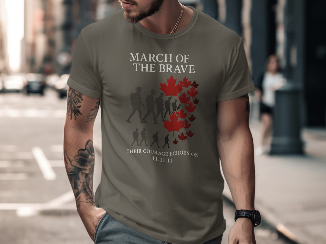 remembrance day men’s t-shirt with soldier silhouettes and maple leaves — march of the brave design