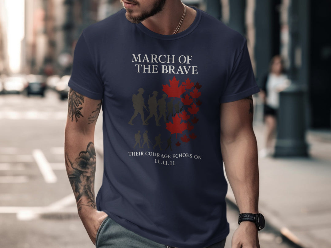 remembrance day men’s t-shirt with soldier silhouettes and maple leaves — march of the brave design