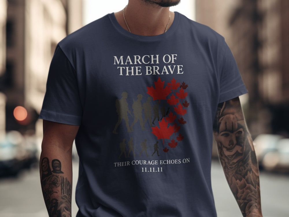 remembrance day men’s t-shirt with soldier silhouettes and maple leaves — march of the brave design