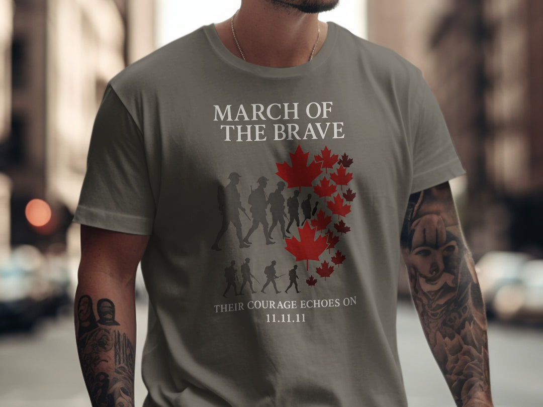 remembrance day men’s t-shirt with soldier silhouettes and maple leaves — march of the brave design