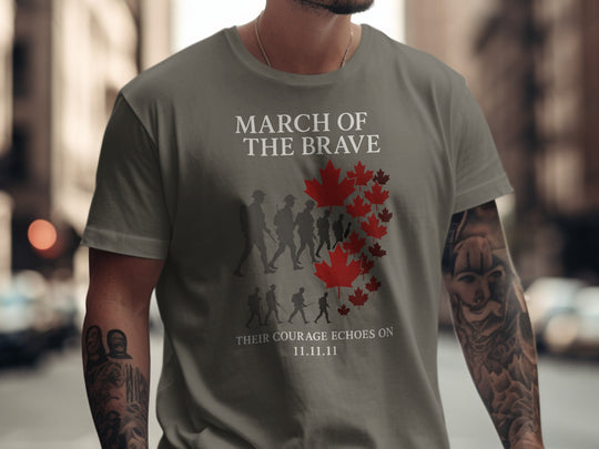 remembrance day men’s t-shirt with soldier silhouettes and maple leaves — march of the brave design