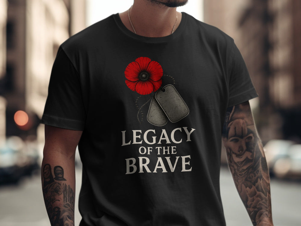 remembrance day men’s t-shirt with red poppy, dog tags and “legacy of the brave” text
