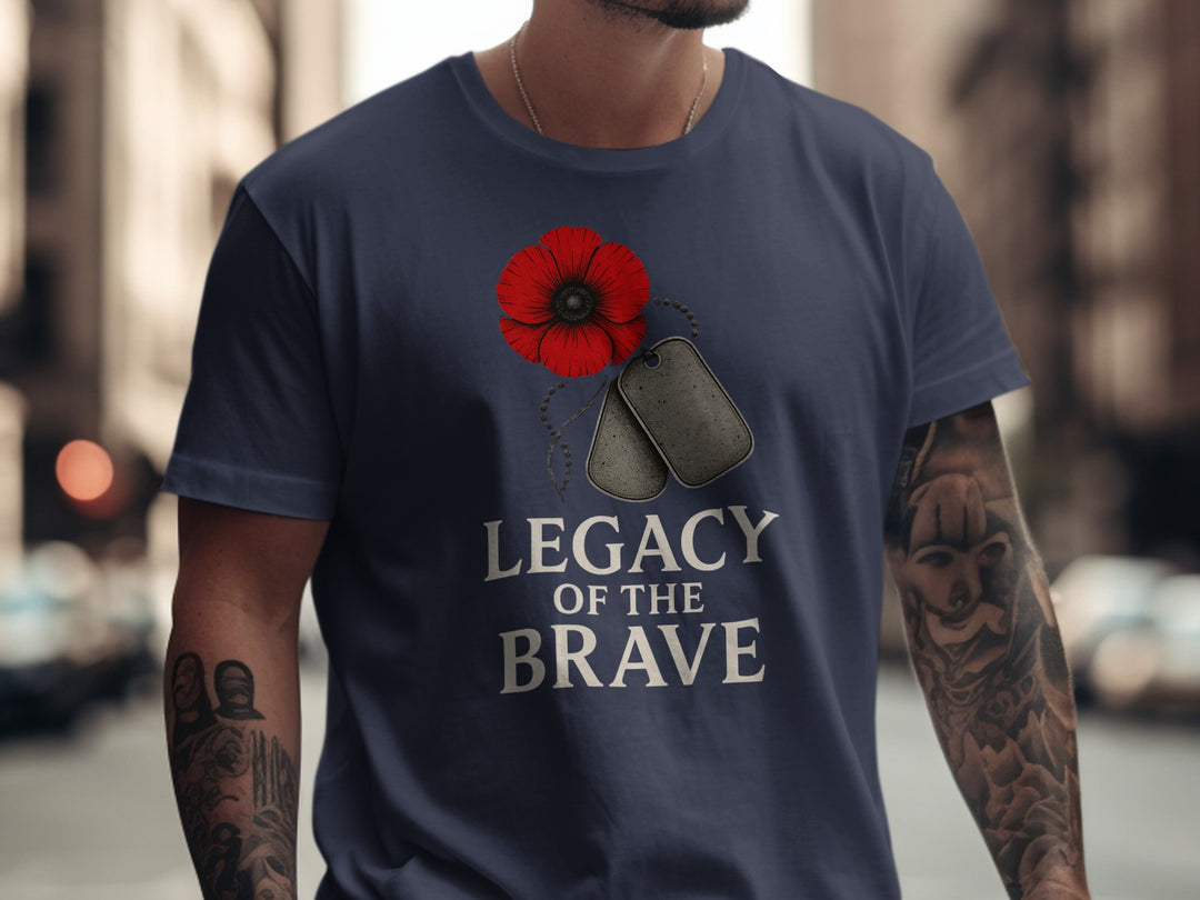 remembrance day men’s t-shirt with red poppy, dog tags and “legacy of the brave” text