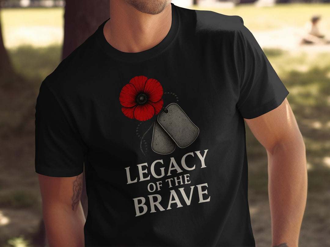 remembrance day men’s t-shirt with red poppy, dog tags and “legacy of the brave” text