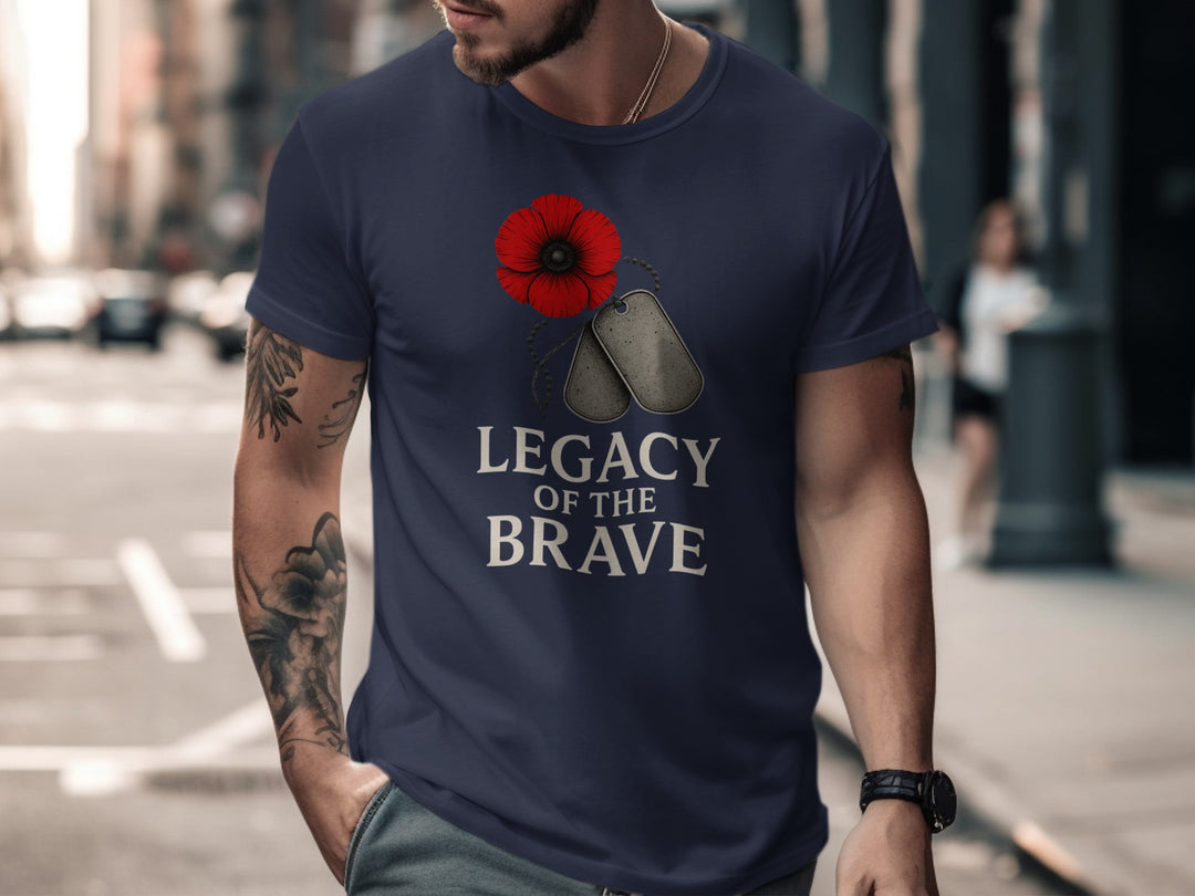 remembrance day men’s t-shirt with red poppy, dog tags and “legacy of the brave” text