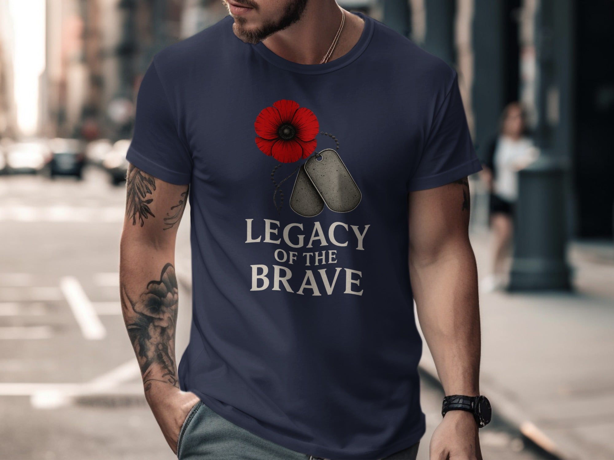 remembrance day men’s t-shirt with red poppy, dog tags and “legacy of the brave” text
