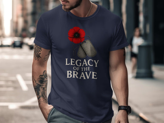 remembrance day men’s t-shirt with red poppy, dog tags and “legacy of the brave” text