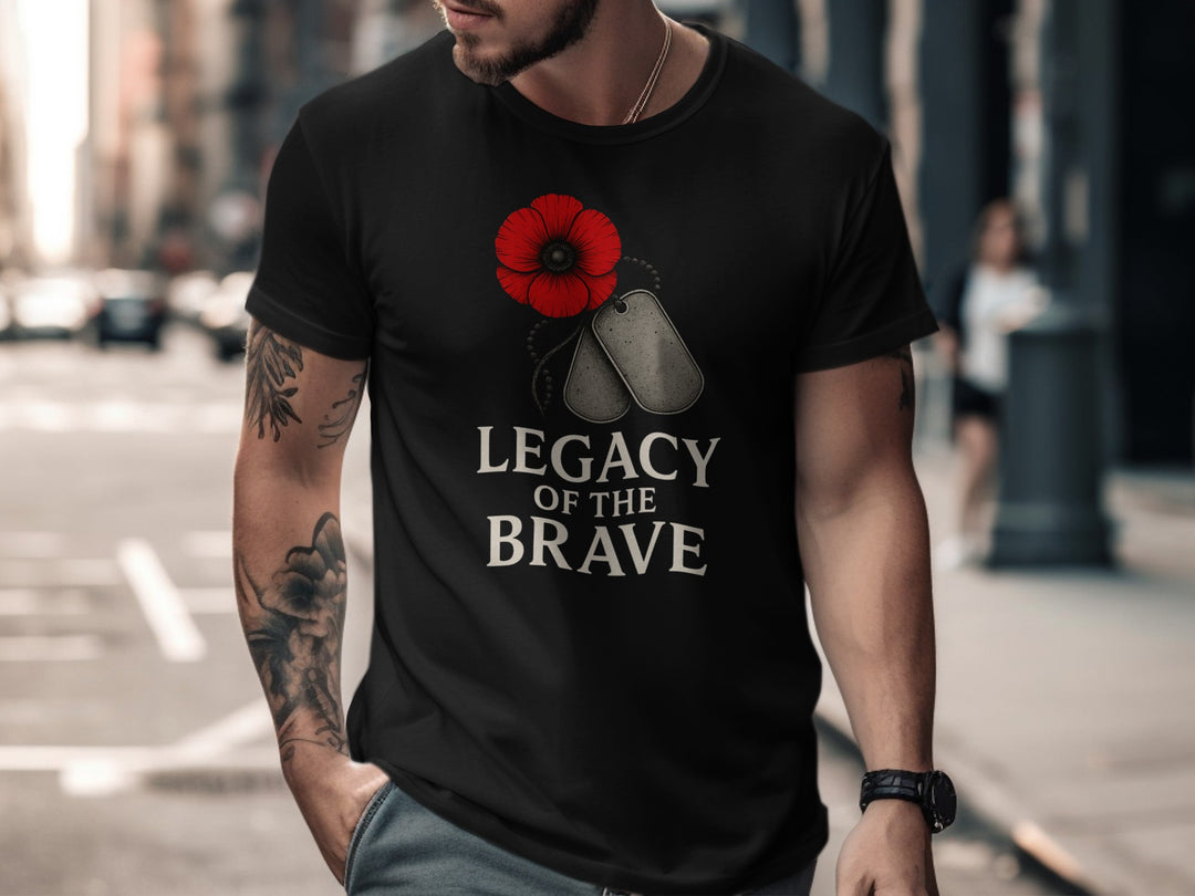 remembrance day men’s t-shirt with red poppy, dog tags and “legacy of the brave” text