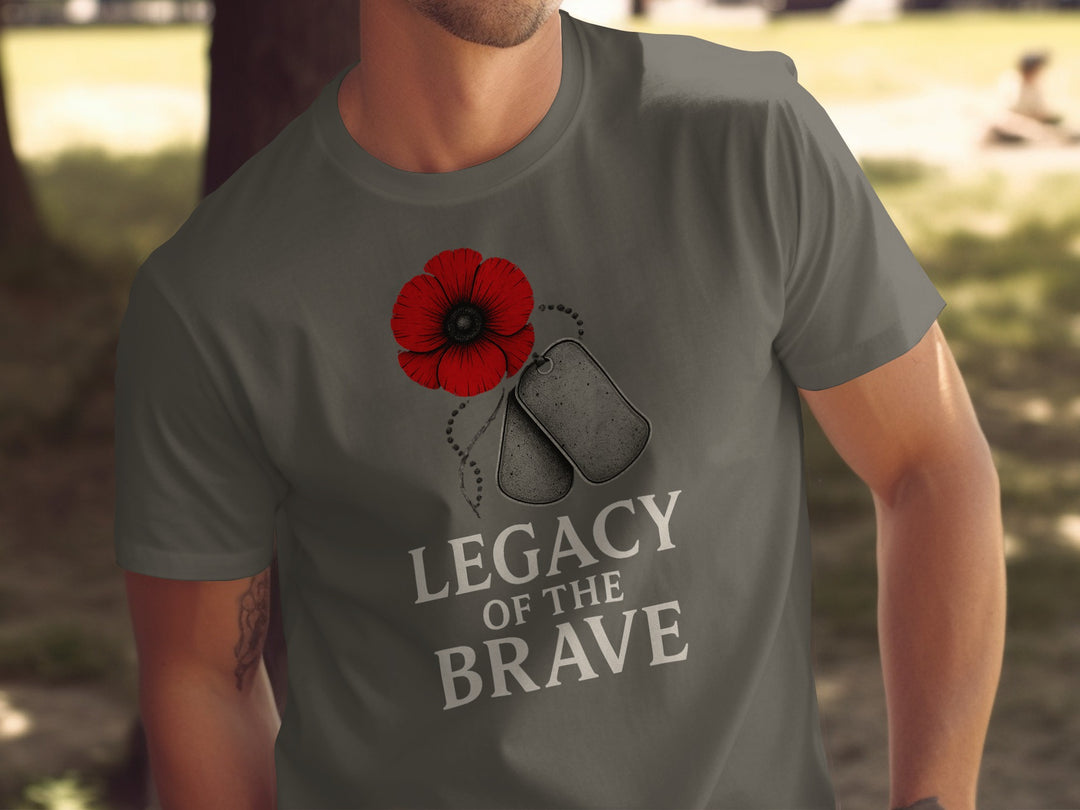 remembrance day men’s t-shirt with red poppy, dog tags and “legacy of the brave” text