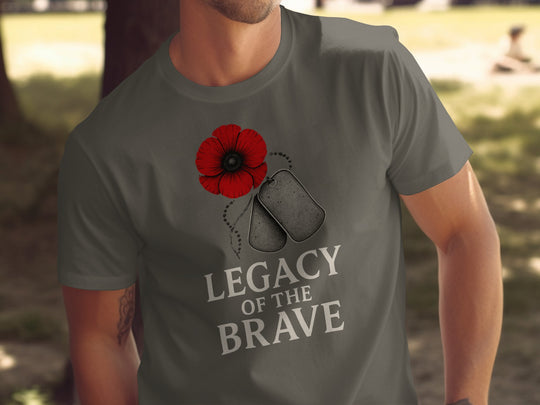 remembrance day men’s t-shirt with red poppy, dog tags and “legacy of the brave” text