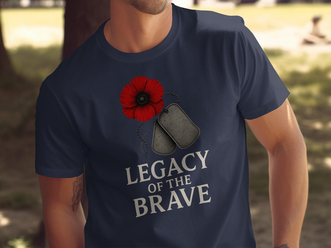 remembrance day men’s t-shirt with red poppy, dog tags and “legacy of the brave” text