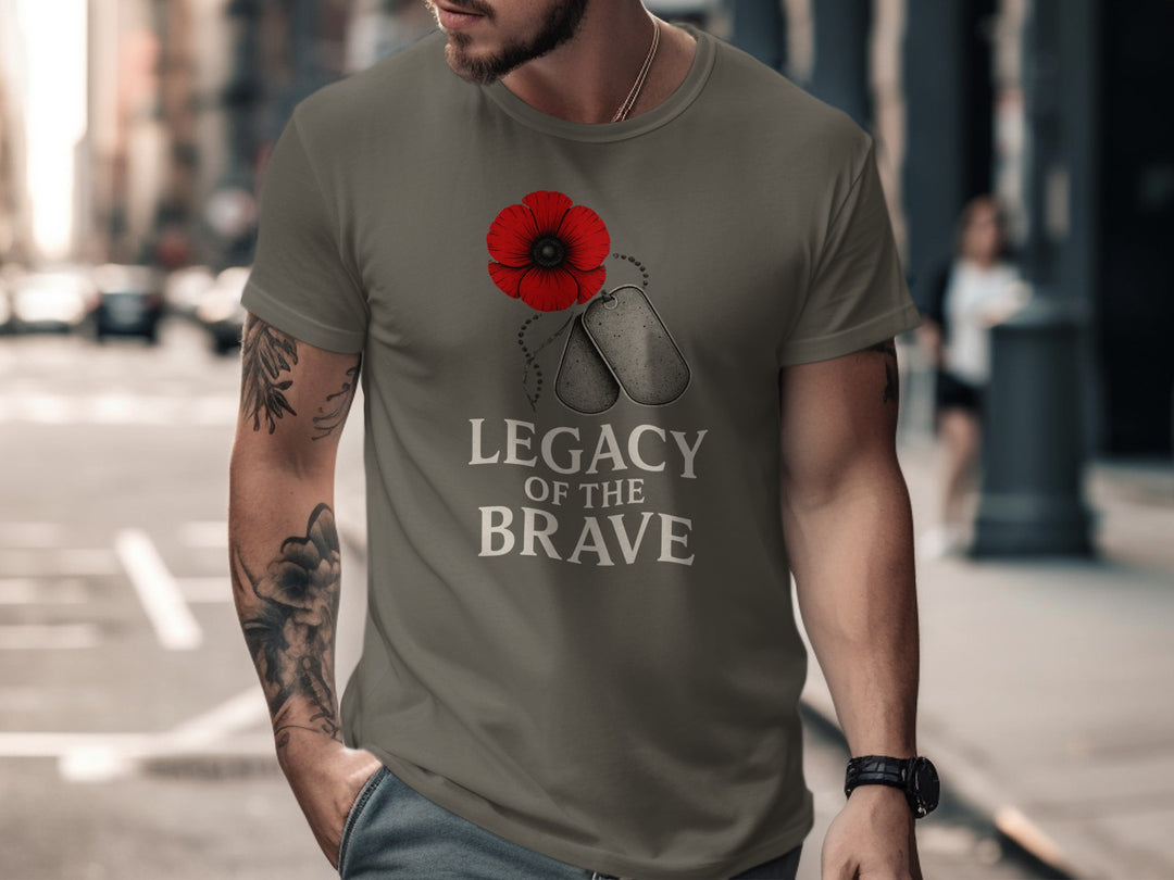 remembrance day men’s t-shirt with red poppy, dog tags and “legacy of the brave” text