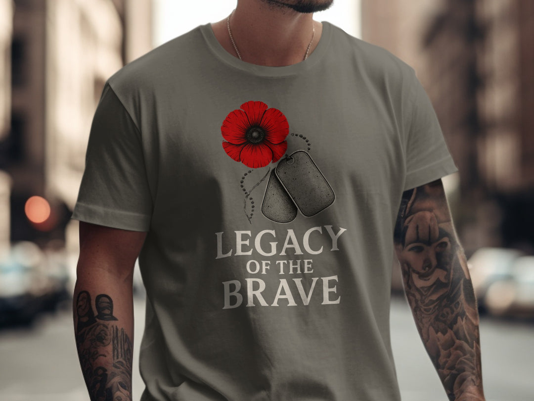remembrance day men’s t-shirt with red poppy, dog tags and “legacy of the brave” text