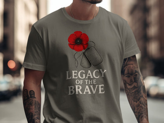 remembrance day men’s t-shirt with red poppy, dog tags and “legacy of the brave” text