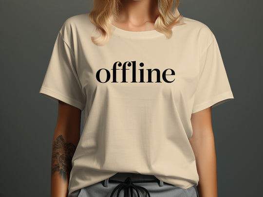 offline women’s t-shirt with minimalist corner wordmark on black