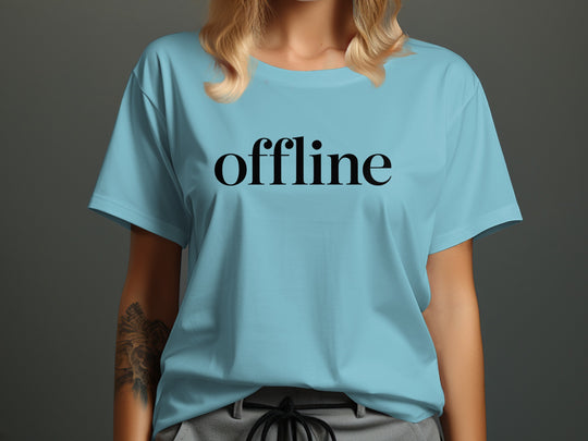 offline women’s t-shirt with minimalist corner wordmark on black