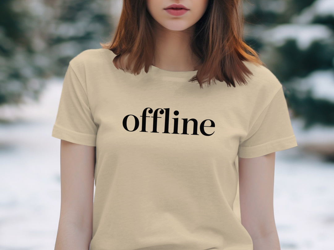 offline women’s t-shirt with minimalist corner wordmark on black