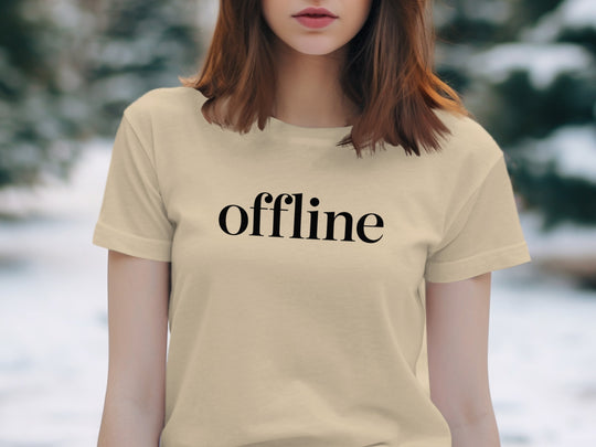 offline women’s t-shirt with minimalist corner wordmark on black