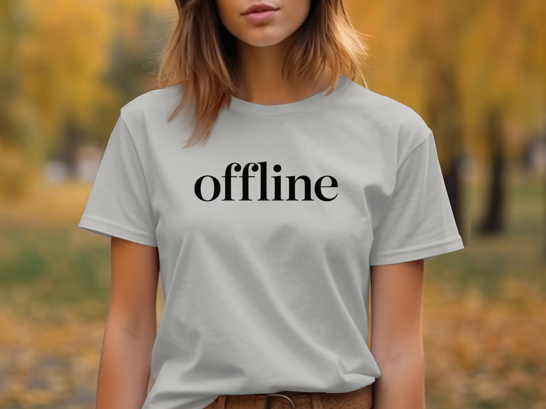 offline women’s t-shirt with minimalist corner wordmark on black
