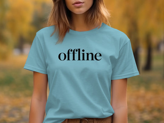 offline women’s t-shirt with minimalist corner wordmark on black