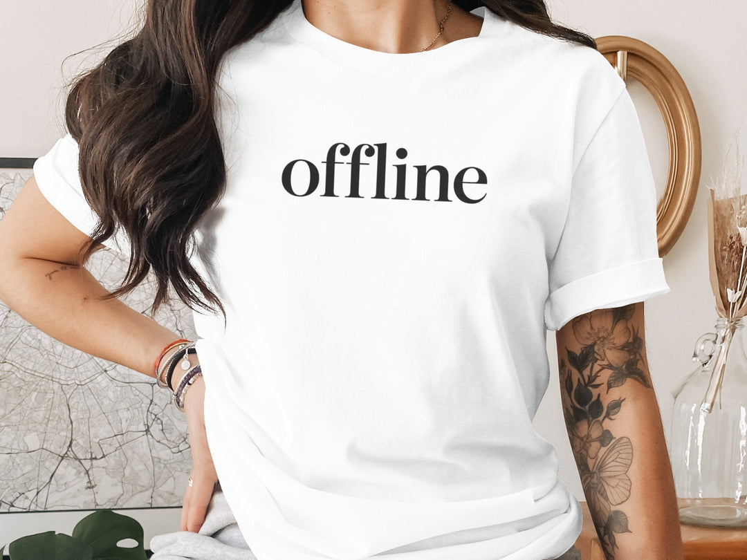 offline women’s t-shirt with minimalist corner wordmark on black
