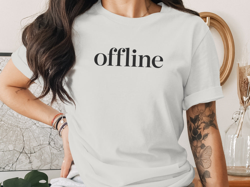 offline women’s t-shirt with minimalist corner wordmark on black