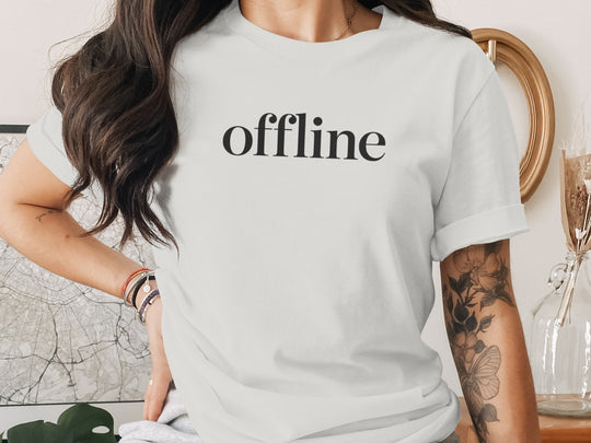 offline women’s t-shirt with minimalist corner wordmark on black