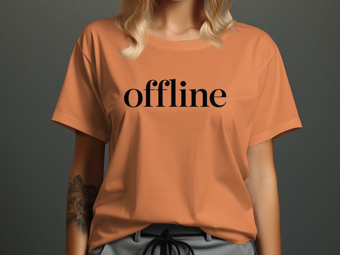 offline women’s t-shirt with minimalist corner wordmark on black