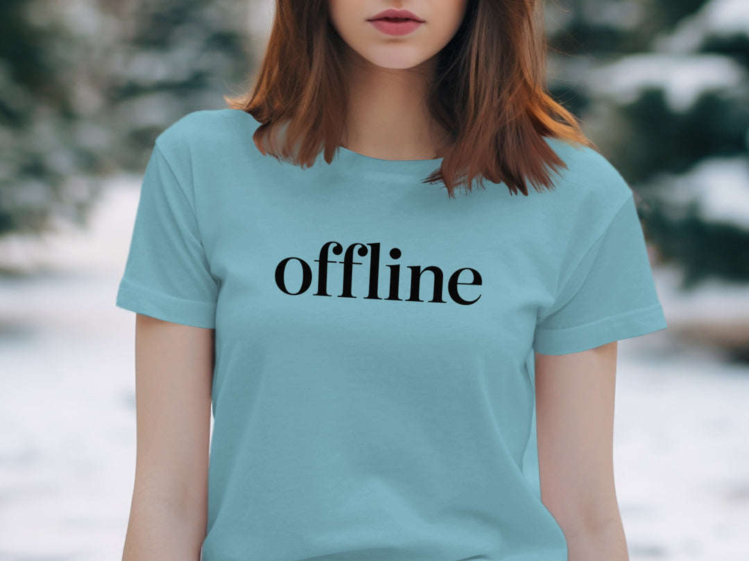 offline women’s t-shirt with minimalist corner wordmark on black