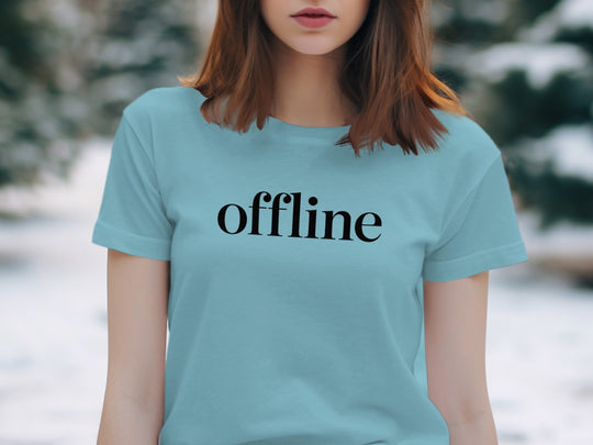 offline women’s t-shirt with minimalist corner wordmark on black