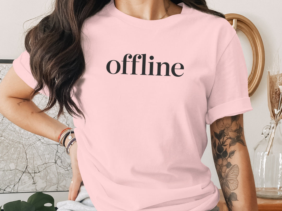offline women’s t-shirt with minimalist corner wordmark on black
