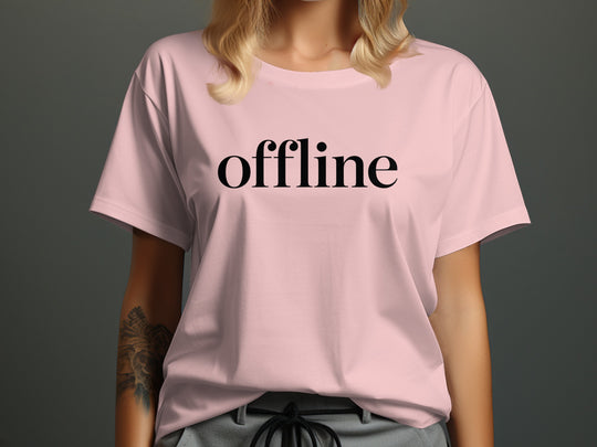 offline women’s t-shirt with minimalist corner wordmark on black