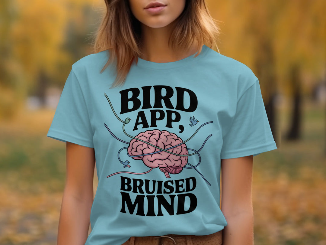 birds tangled around brain graphic with headline — women’s t-shirt