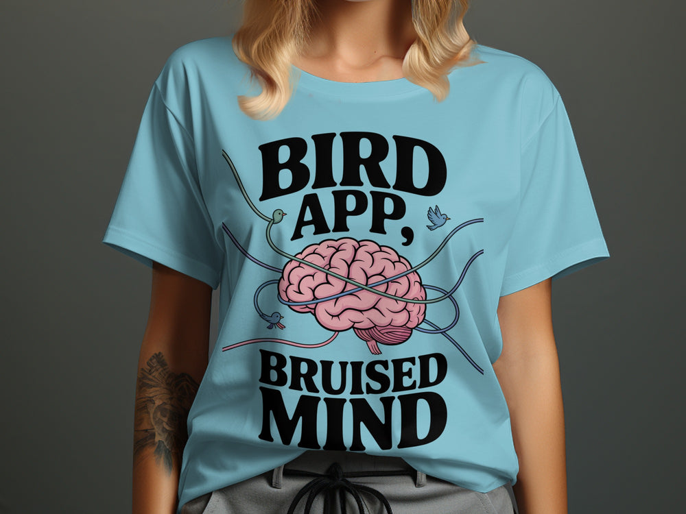 birds tangled around brain graphic with headline — women’s t-shirt