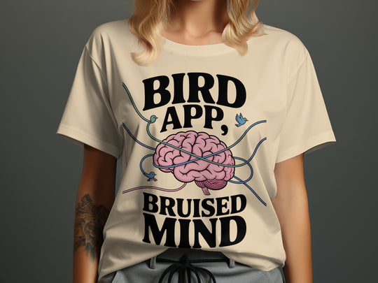 birds tangled around brain graphic with headline — women’s t-shirt