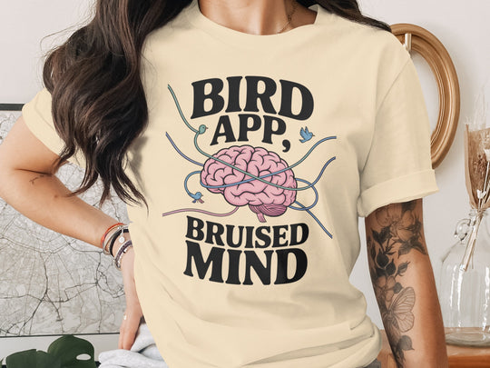 birds tangled around brain graphic with headline — women’s t-shirt